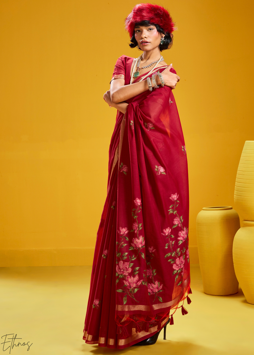 Crimson Lotus Jamdani Pallu Munga Cotton Saree