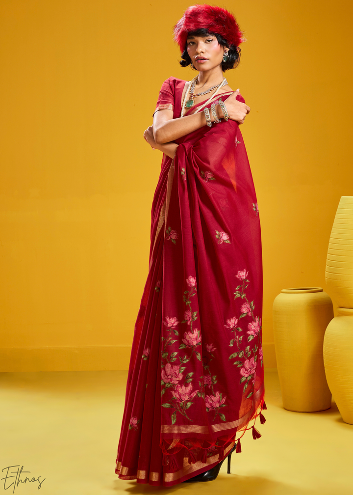 Crimson Lotus Jamdani Pallu Munga Cotton Saree