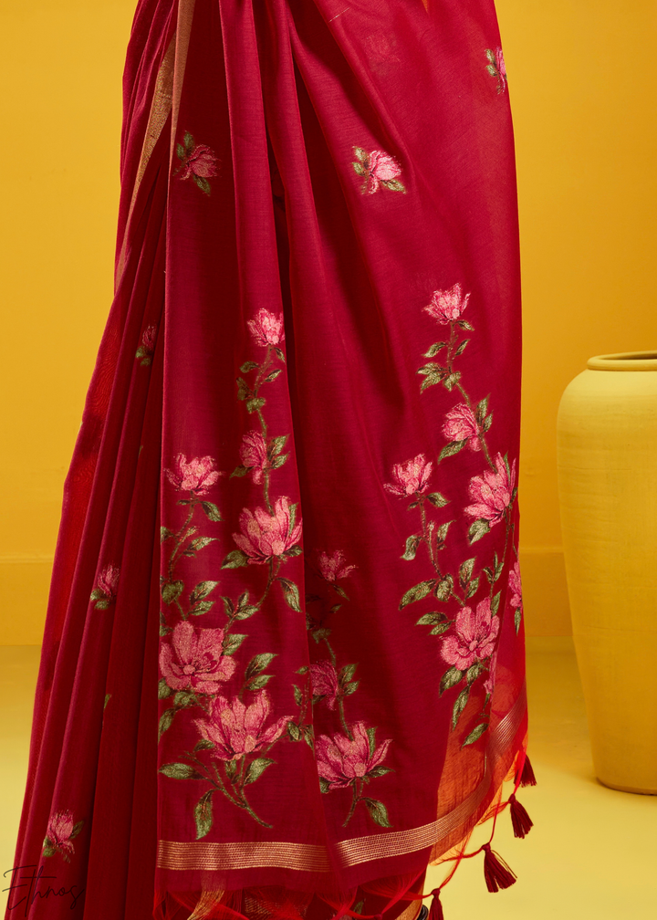 Crimson Lotus Jamdani Pallu Munga Cotton Saree