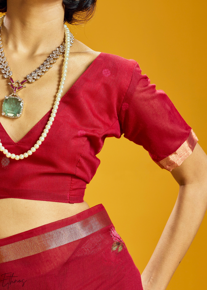 Crimson Lotus Jamdani Pallu Munga Cotton Saree