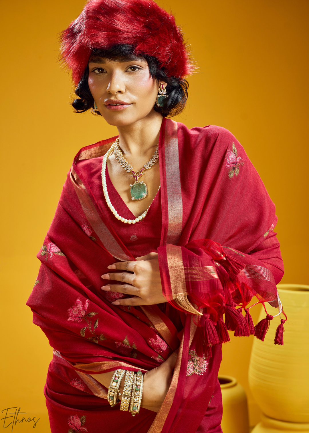 Crimson Lotus Jamdani Pallu Munga Cotton Saree