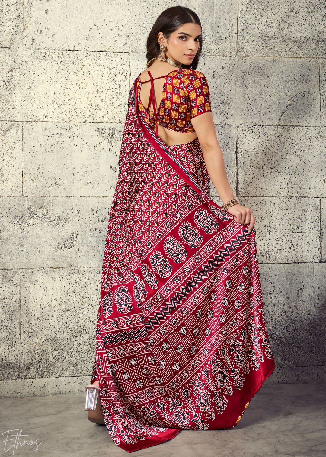 Crimson Maroon Ajrakh Printed Modal Satin Saree