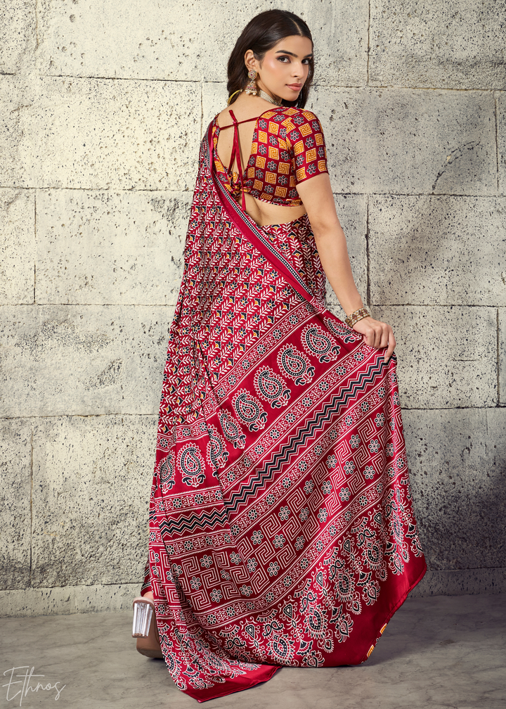 Crimson Maroon Ajrakh Printed Modal Satin Saree