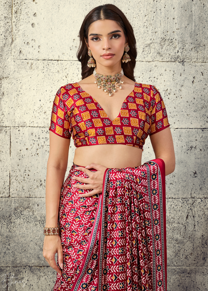 Crimson Maroon Ajrakh Printed Modal Satin Saree