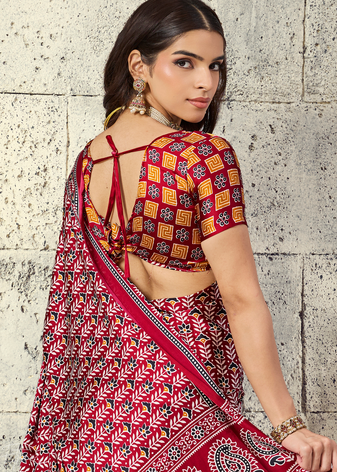 Crimson Maroon Ajrakh Printed Modal Satin Saree