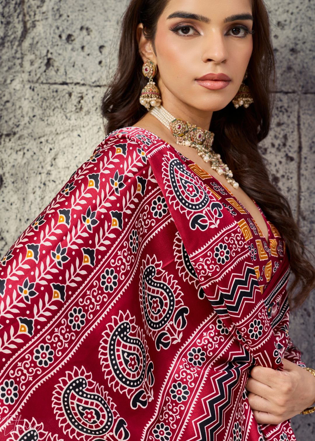 Crimson Maroon Ajrakh Printed Modal Satin Saree