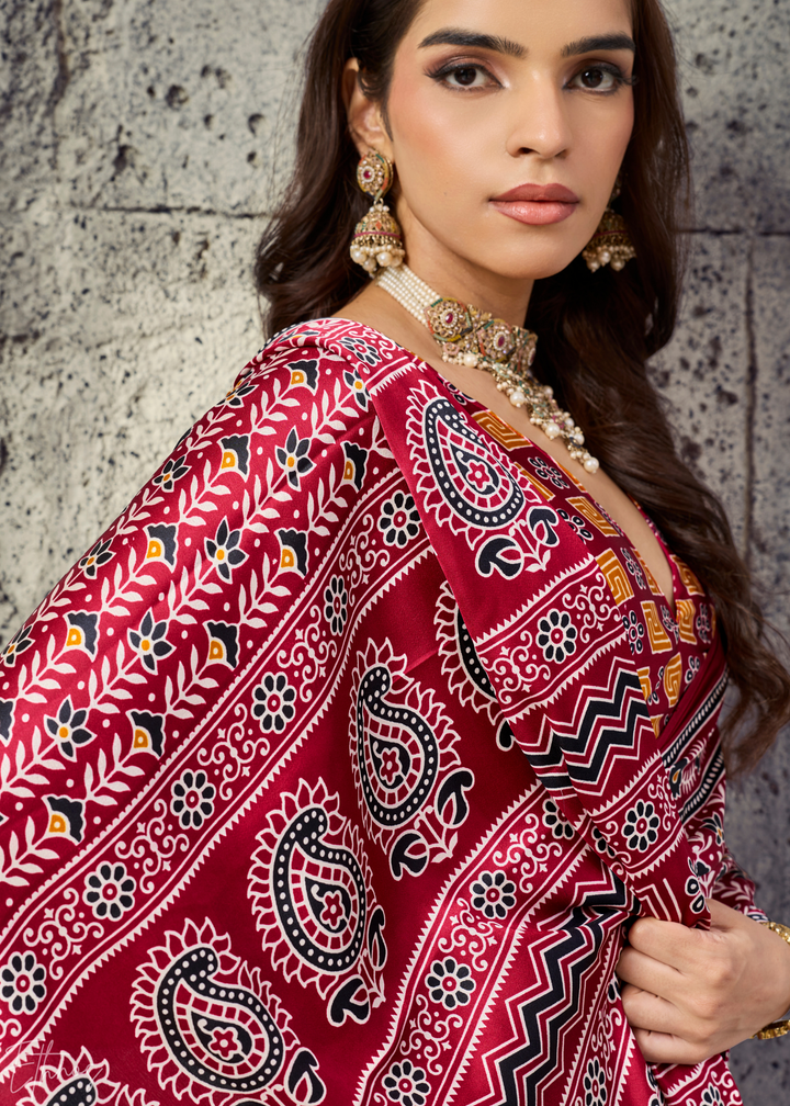 Crimson Maroon Ajrakh Printed Modal Satin Saree