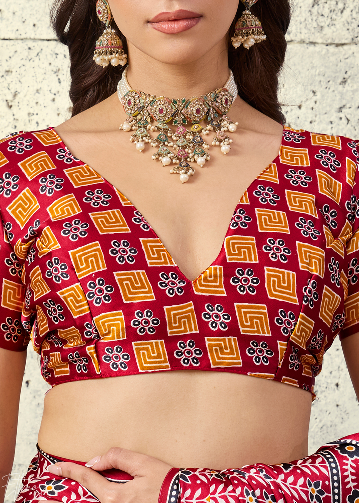 Crimson Maroon Ajrakh Printed Modal Satin Saree