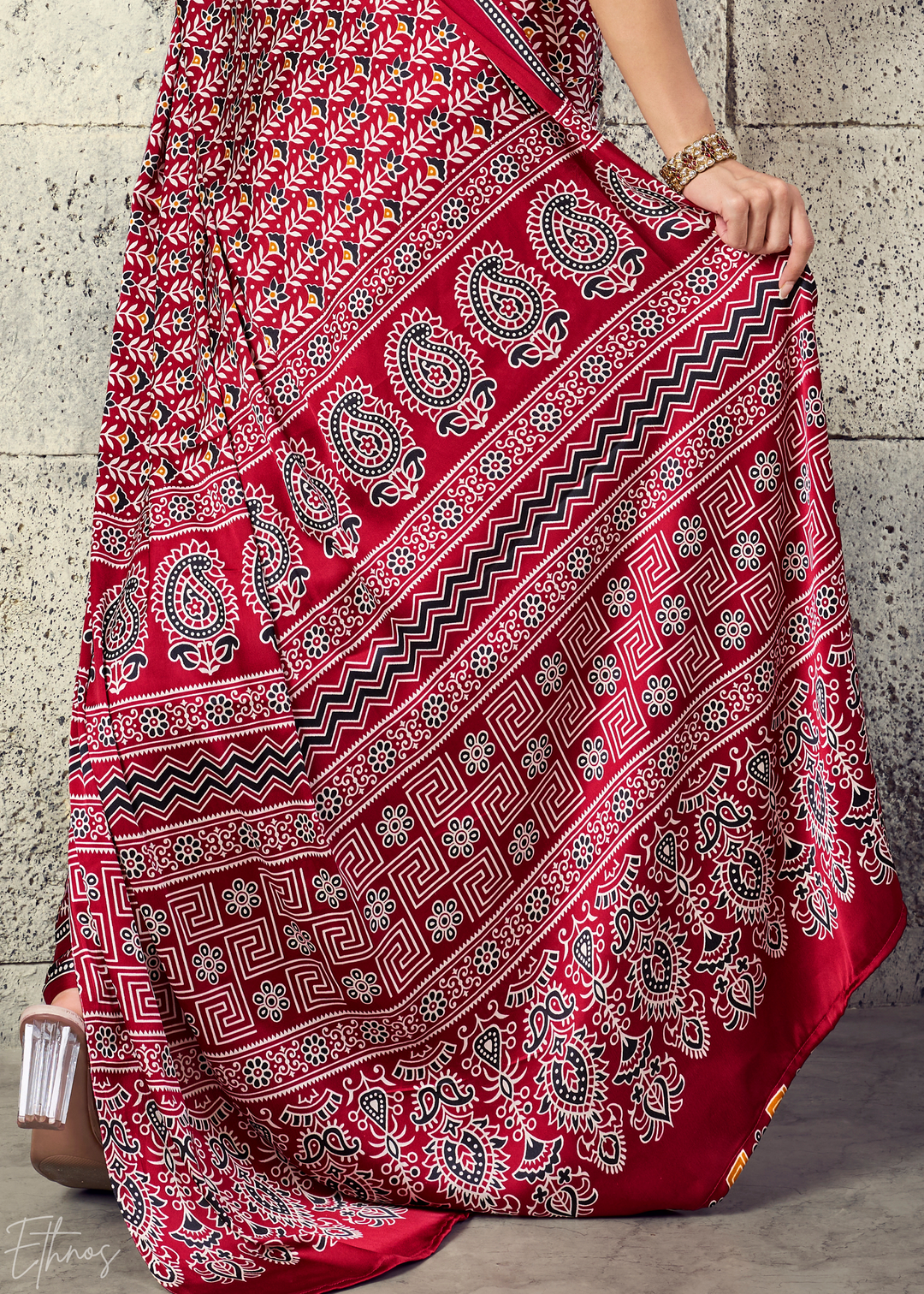 Crimson Maroon Ajrakh Printed Modal Satin Saree