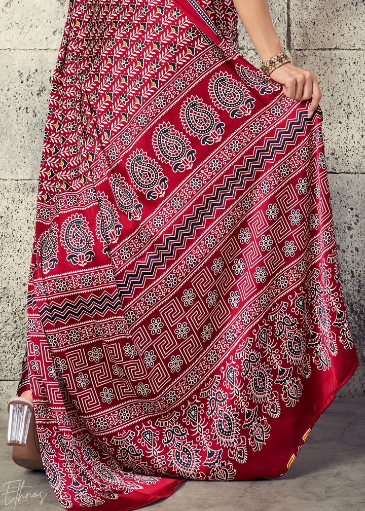 Crimson Maroon Ajrakh Printed Modal Satin Saree