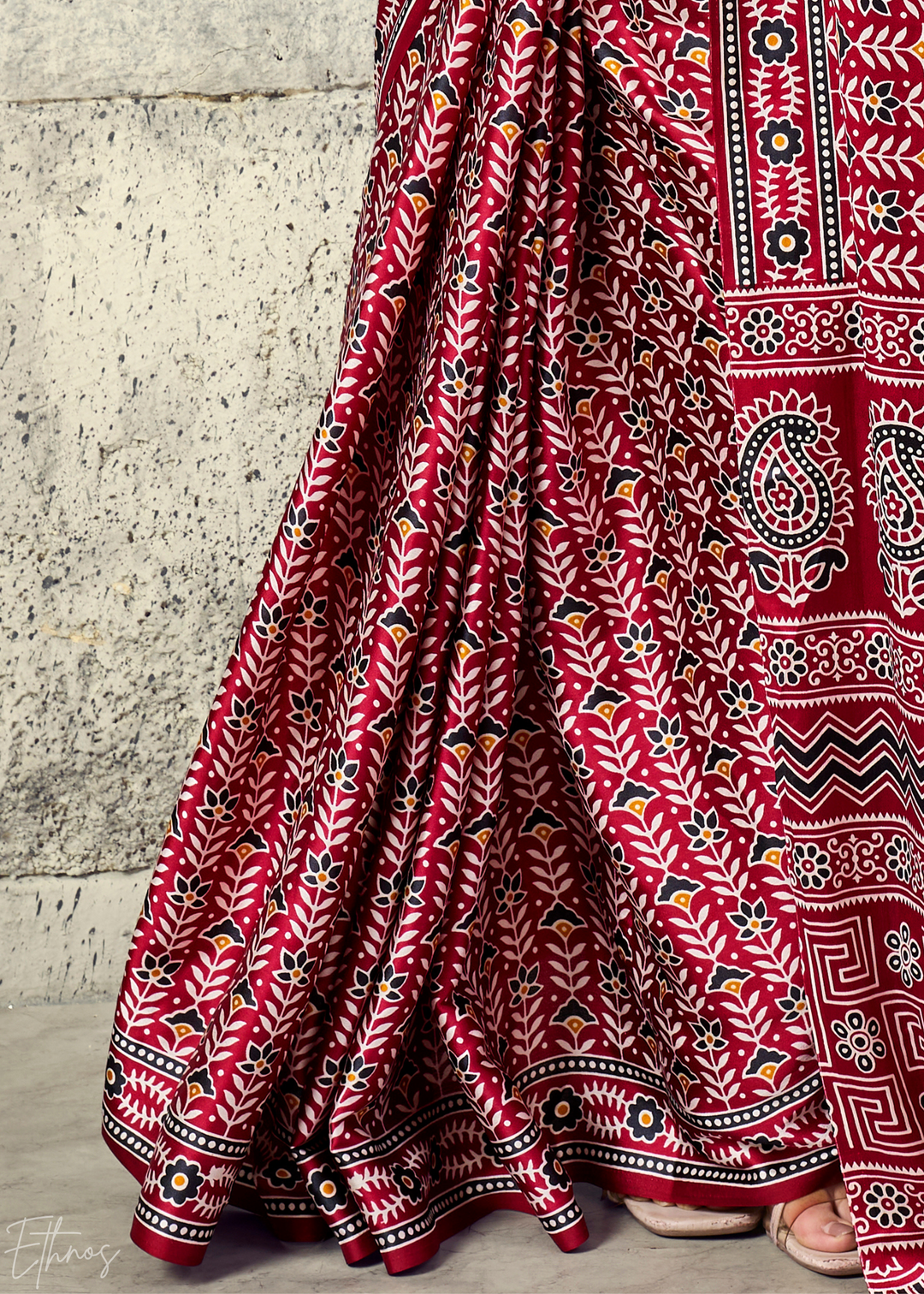 Crimson Maroon Ajrakh Printed Modal Satin Saree
