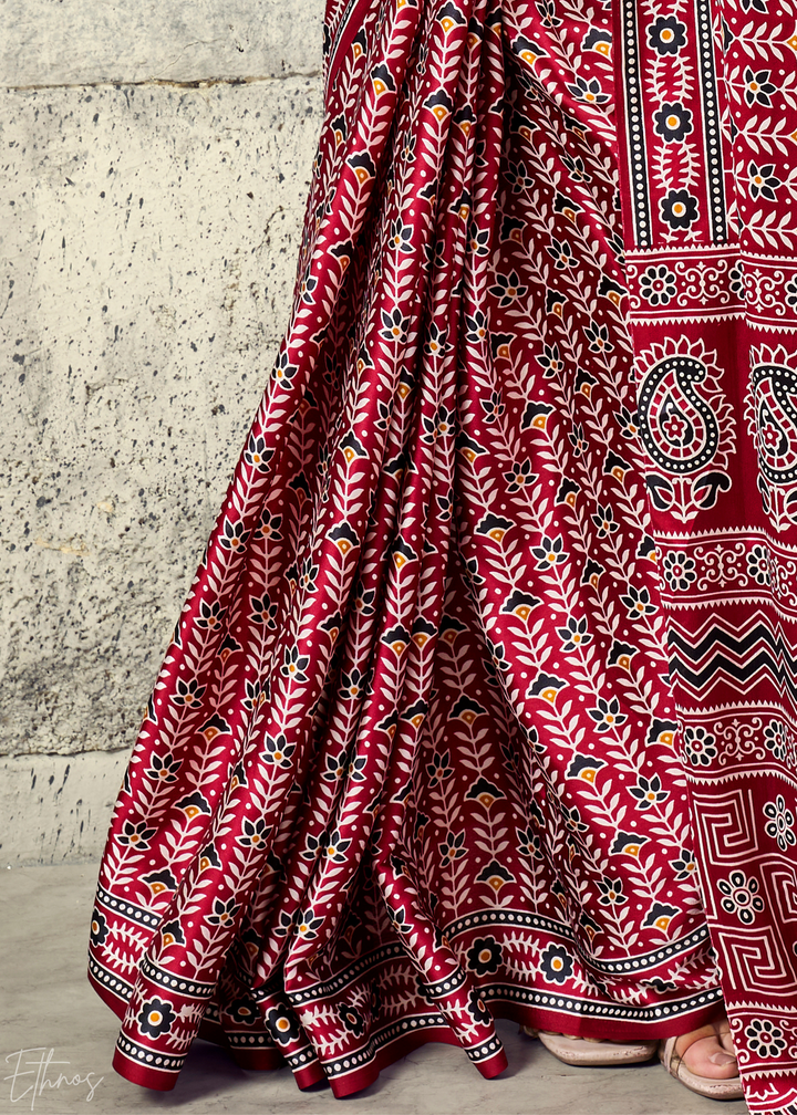 Crimson Maroon Ajrakh Printed Modal Satin Saree