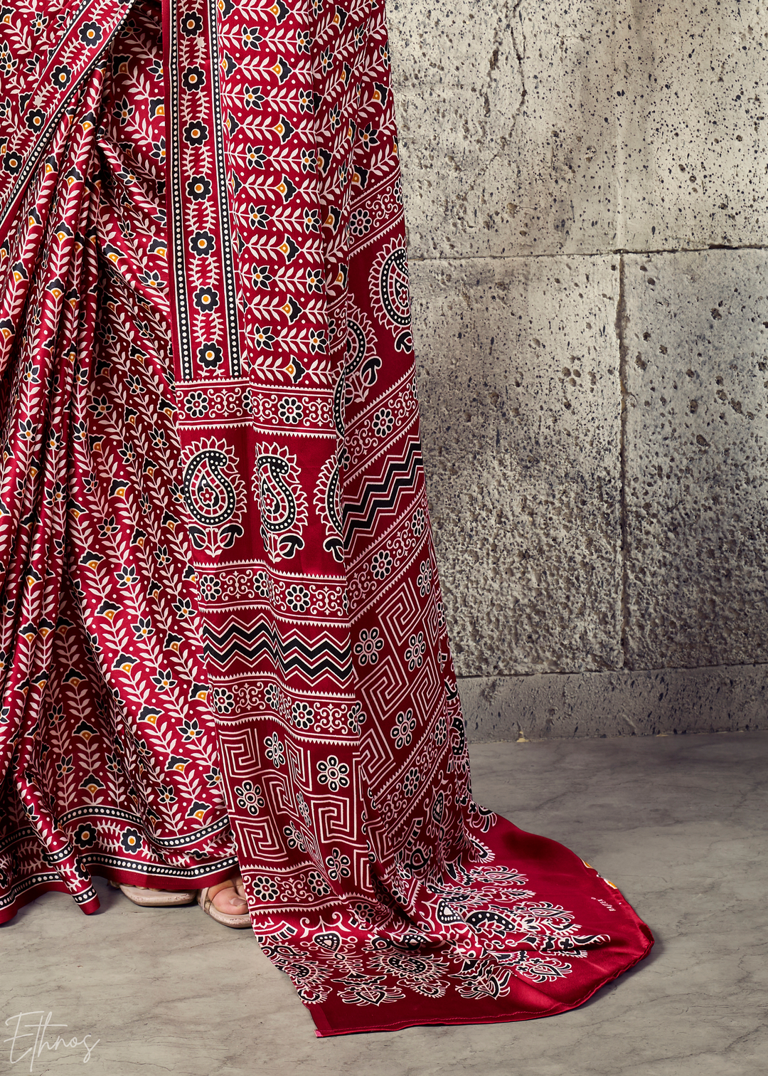 Crimson Maroon Ajrakh Printed Modal Satin Saree