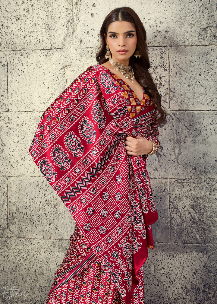 Crimson Maroon Ajrakh Printed Modal Satin Saree