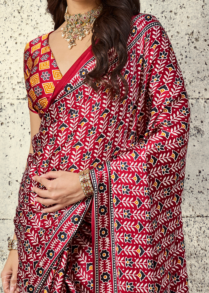Crimson Maroon Ajrakh Printed Modal Satin Saree