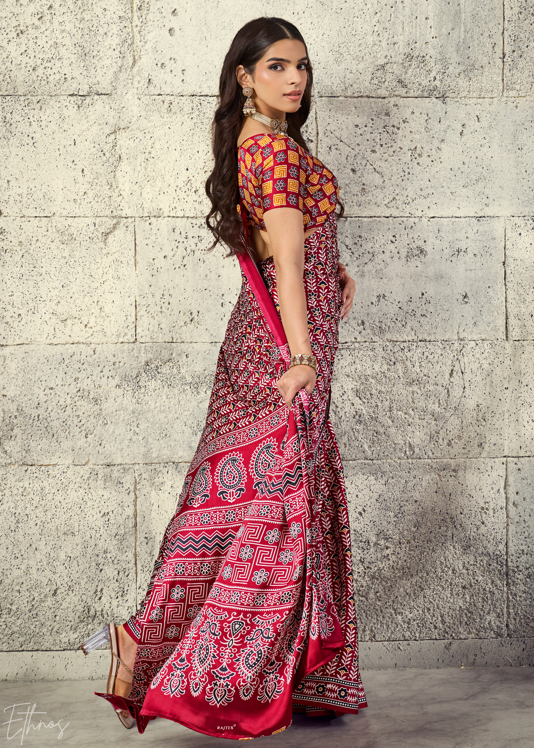 Crimson Maroon Ajrakh Printed Modal Satin Saree