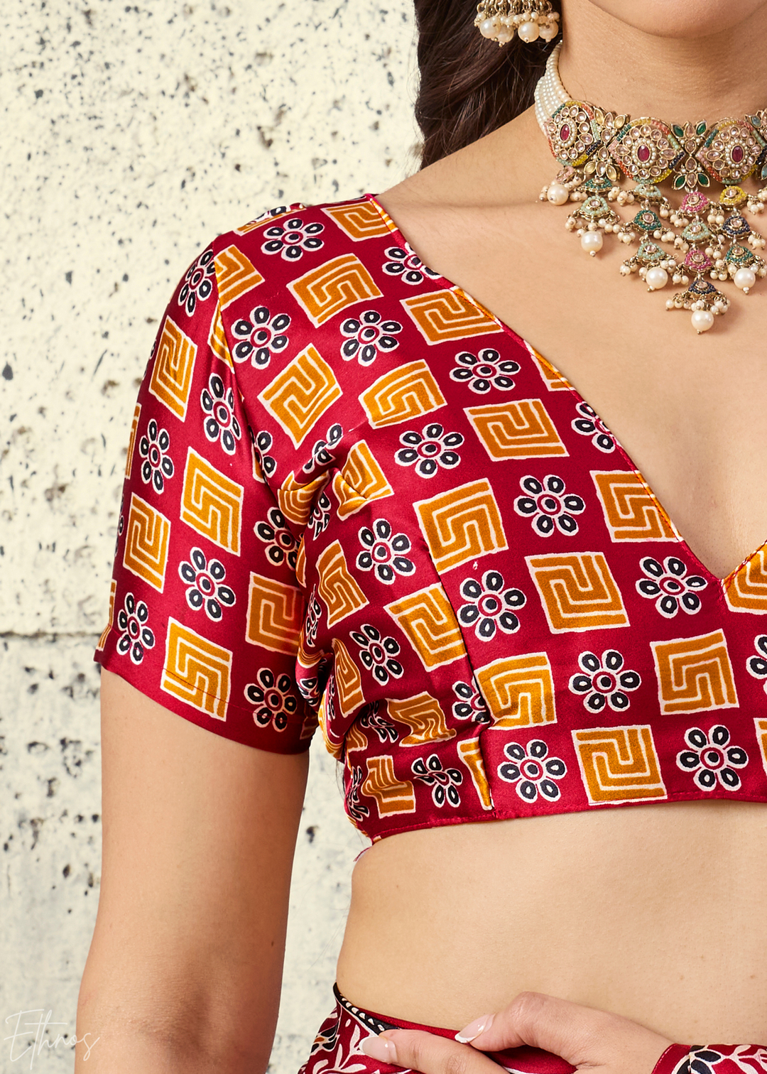 Crimson Maroon Ajrakh Printed Modal Satin Saree