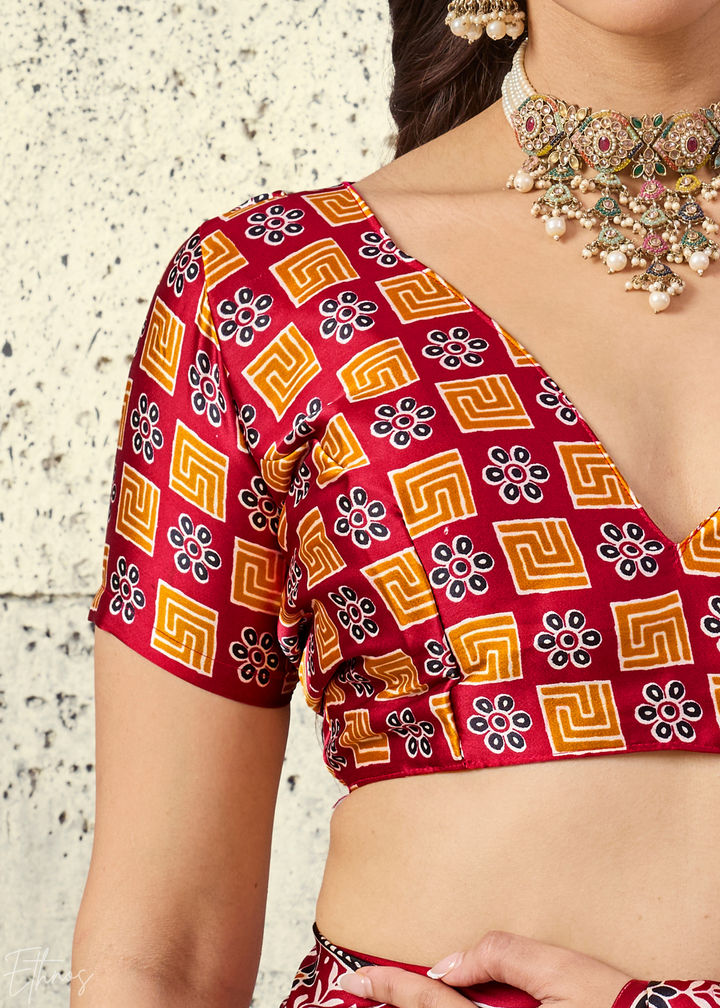 Crimson Maroon Ajrakh Printed Modal Satin Saree