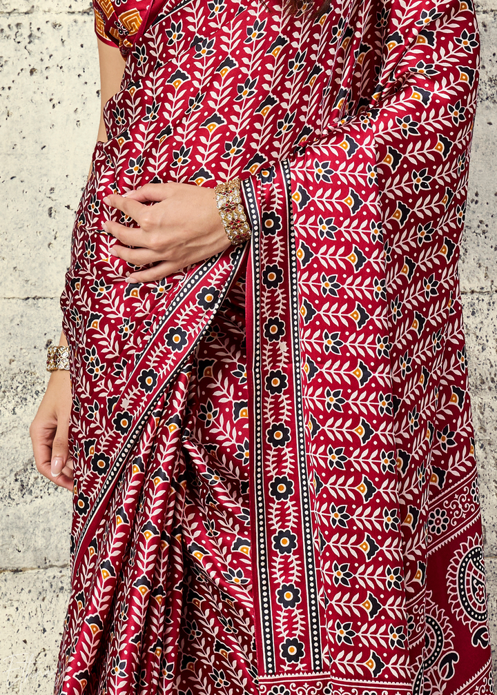 Crimson Maroon Ajrakh Printed Modal Satin Saree