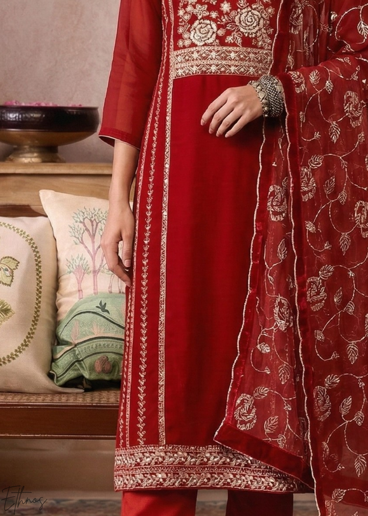 Crimson Metallic Rose Organza Palazzo Suit