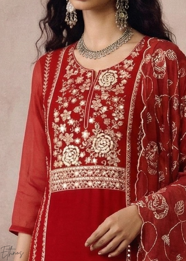 Crimson Metallic Rose Organza Palazzo Suit