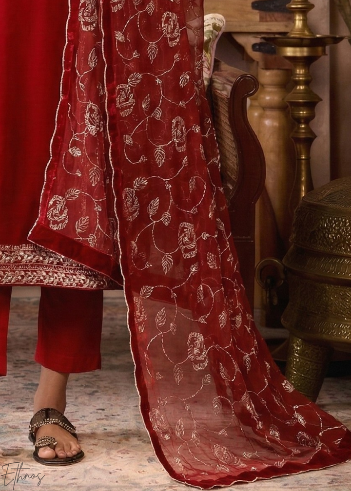 Crimson Metallic Rose Organza Palazzo Suit