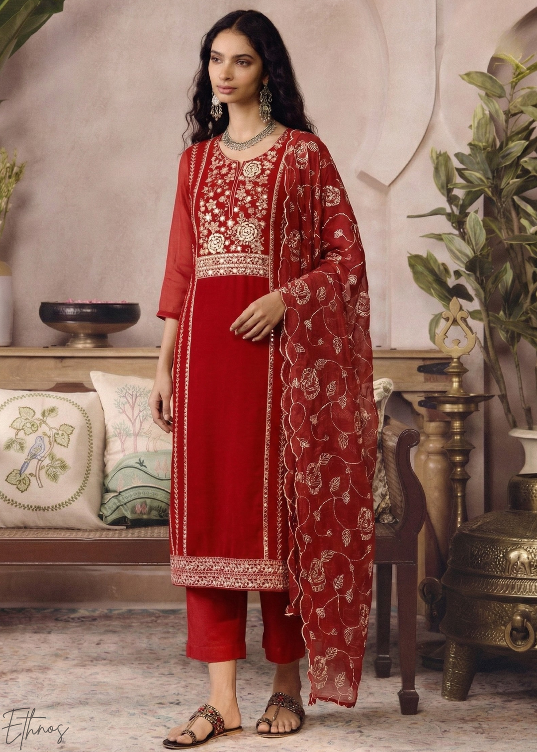 Crimson Metallic Rose Organza Palazzo Suit