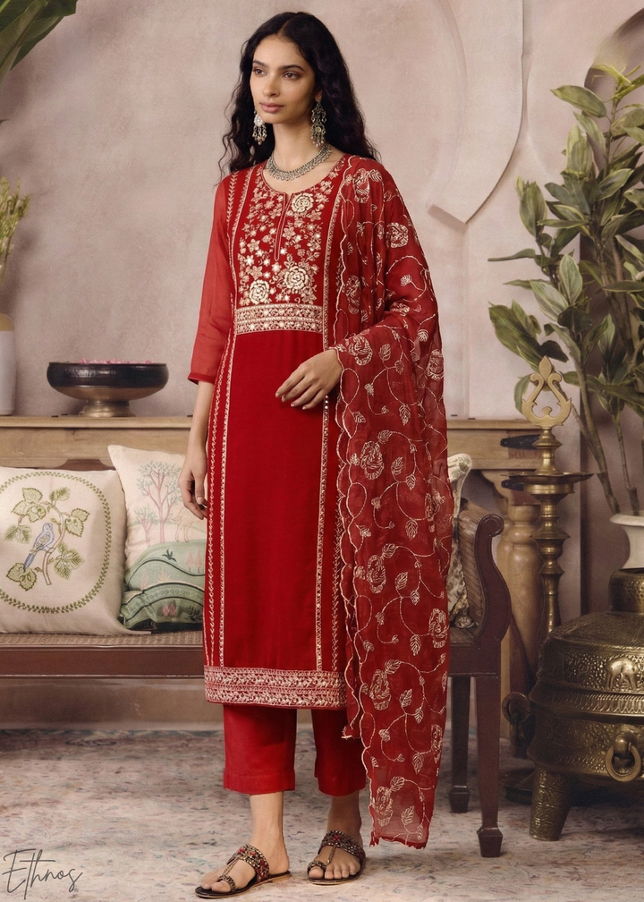 Crimson Metallic Rose Organza Palazzo Suit
