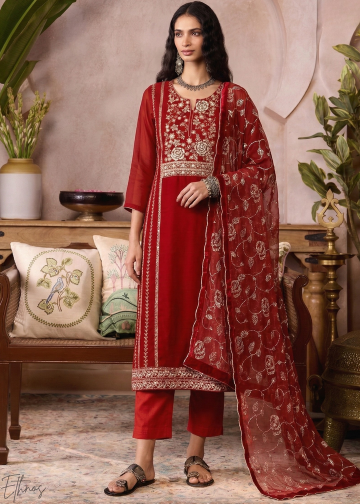 Crimson Metallic Rose Organza Palazzo Suit