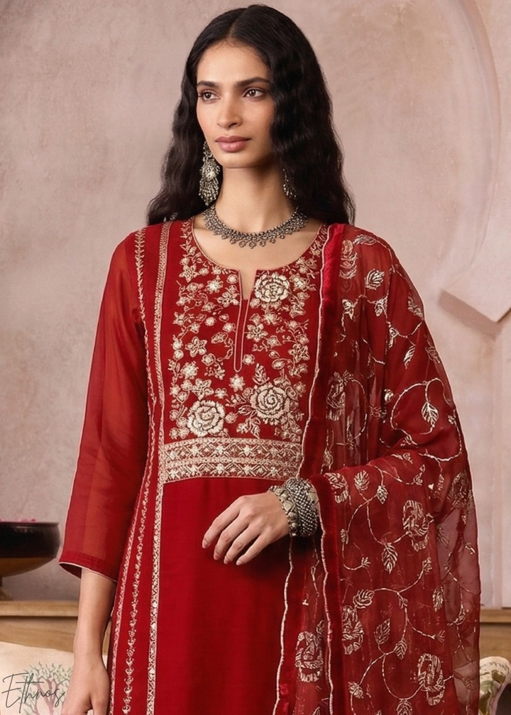 Crimson Metallic Rose Organza Palazzo Suit