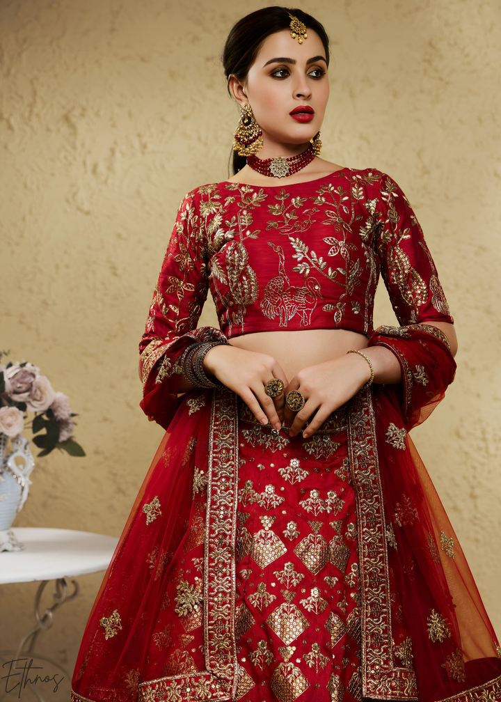 Crimson Persian Paisley Gilded Silk Lehenga