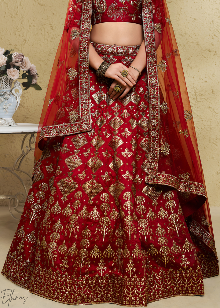 Crimson Persian Paisley Gilded Silk Lehenga