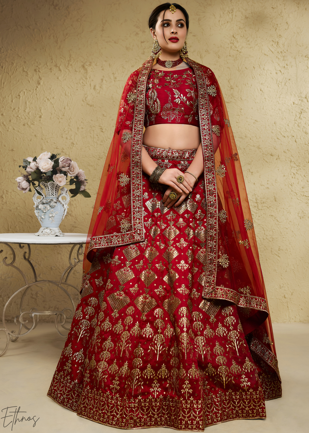 Crimson Persian Paisley Gilded Silk Lehenga