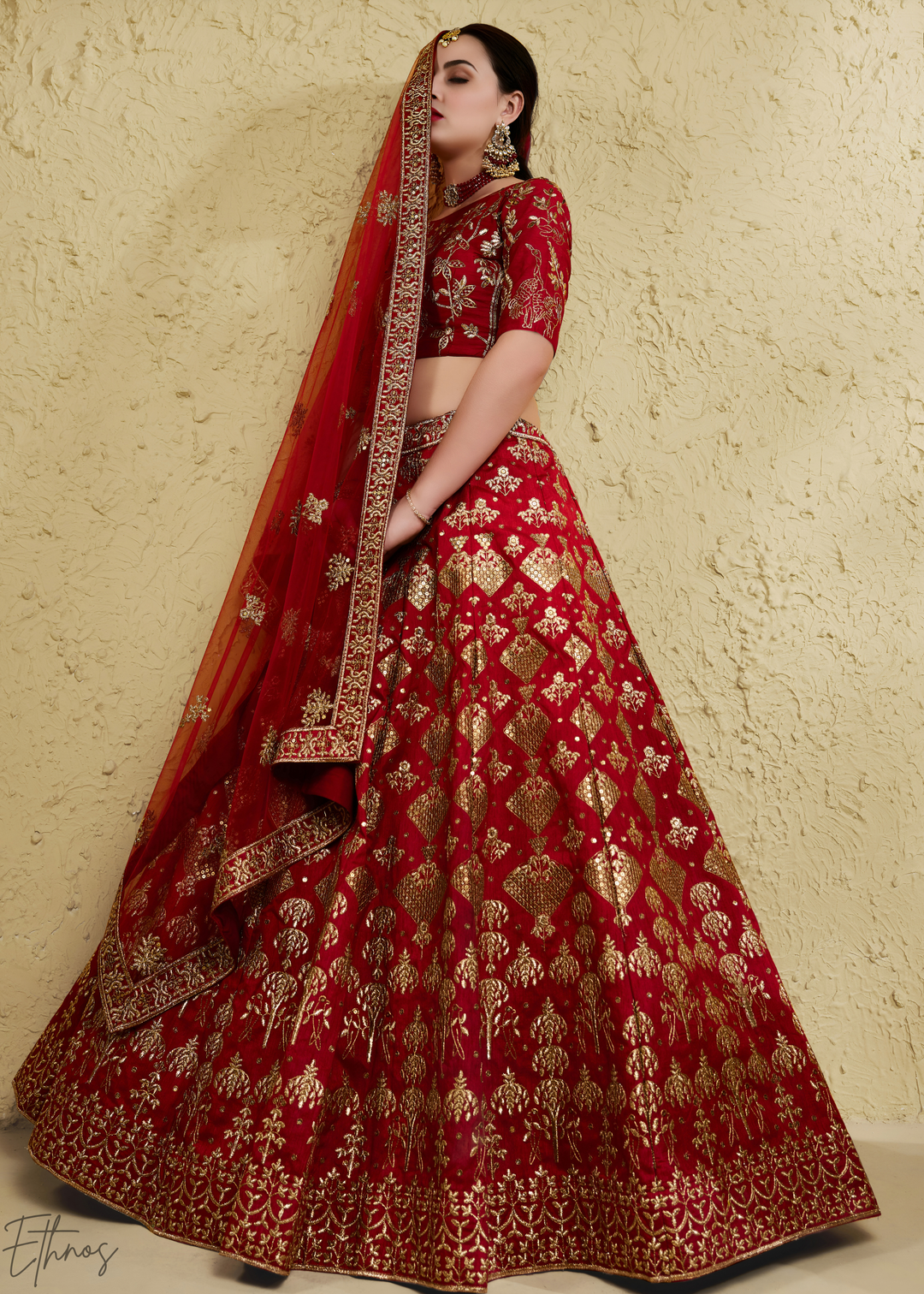Crimson Persian Paisley Gilded Silk Lehenga