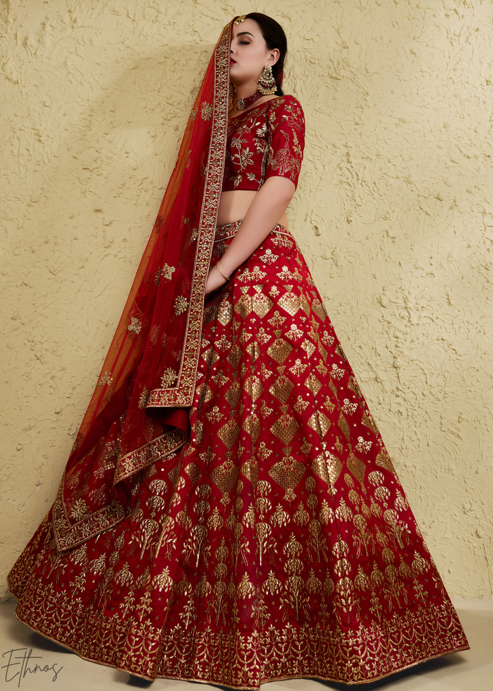 Crimson Persian Paisley Gilded Silk Lehenga