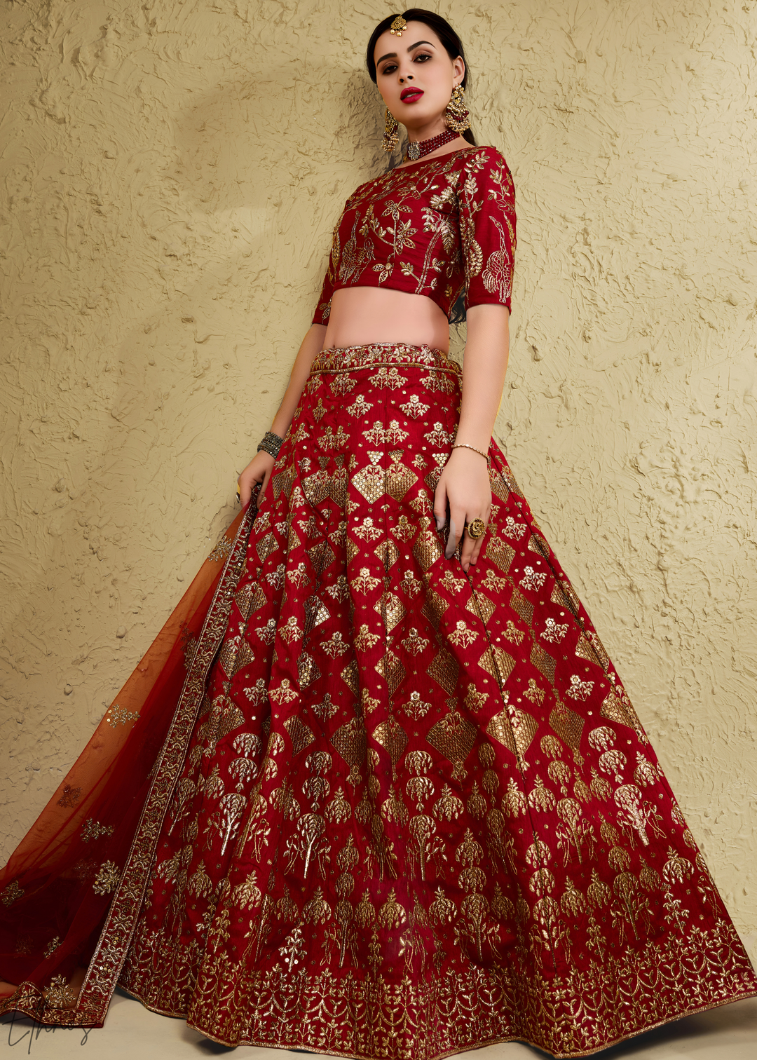 Crimson Persian Paisley Gilded Silk Lehenga