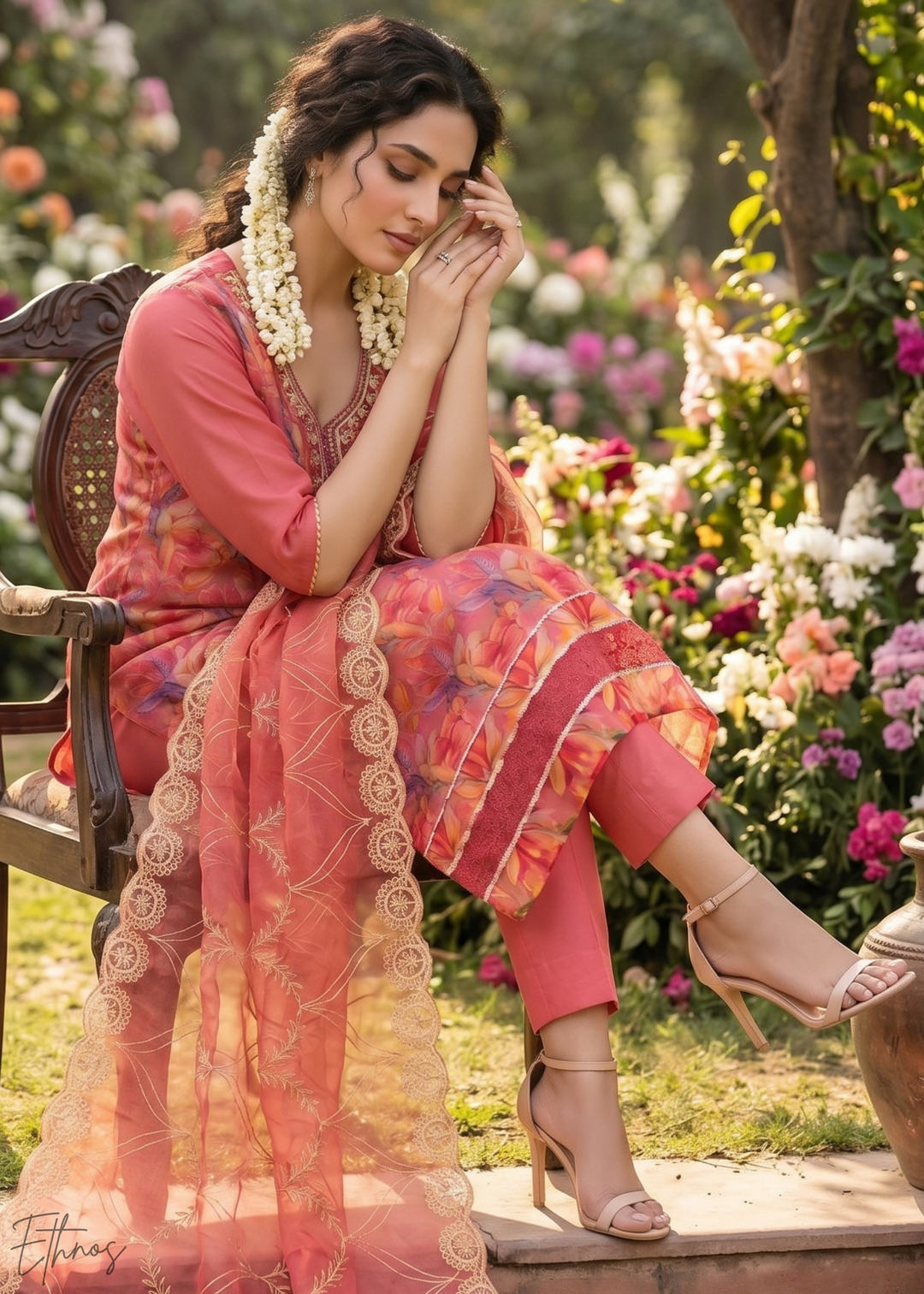 Crimson Pink Vintage-Flora Organza Palazzo Suit