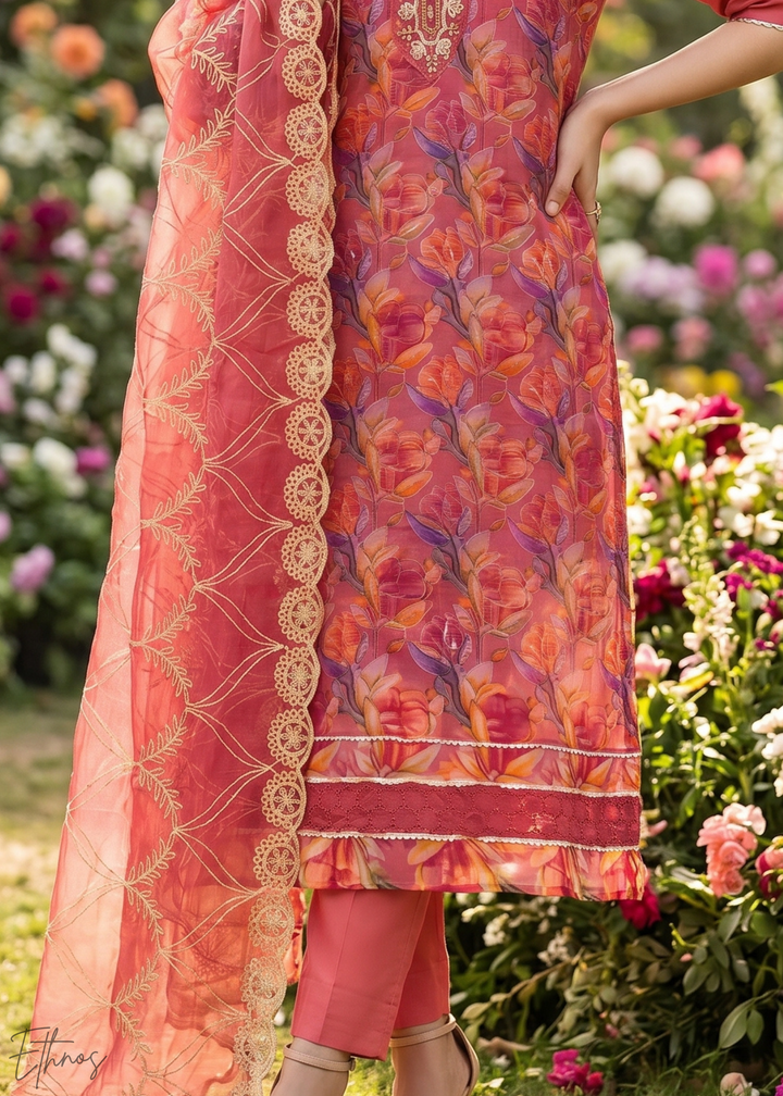 Crimson Pink Vintage-Flora Organza Palazzo Suit