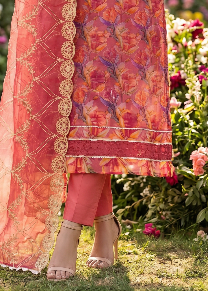Crimson Pink Vintage-Flora Organza Palazzo Suit