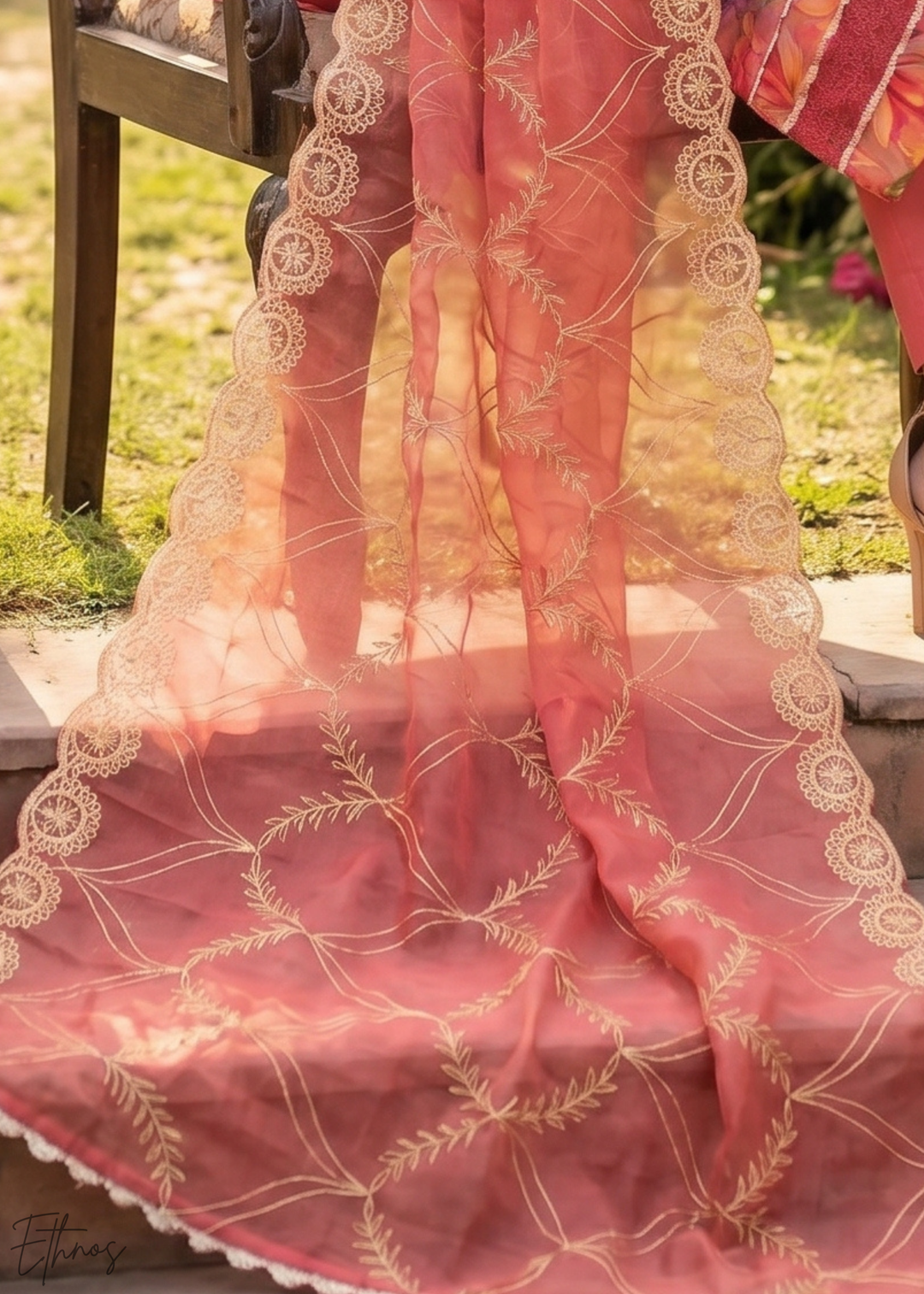 Crimson Pink Vintage-Flora Organza Palazzo Suit