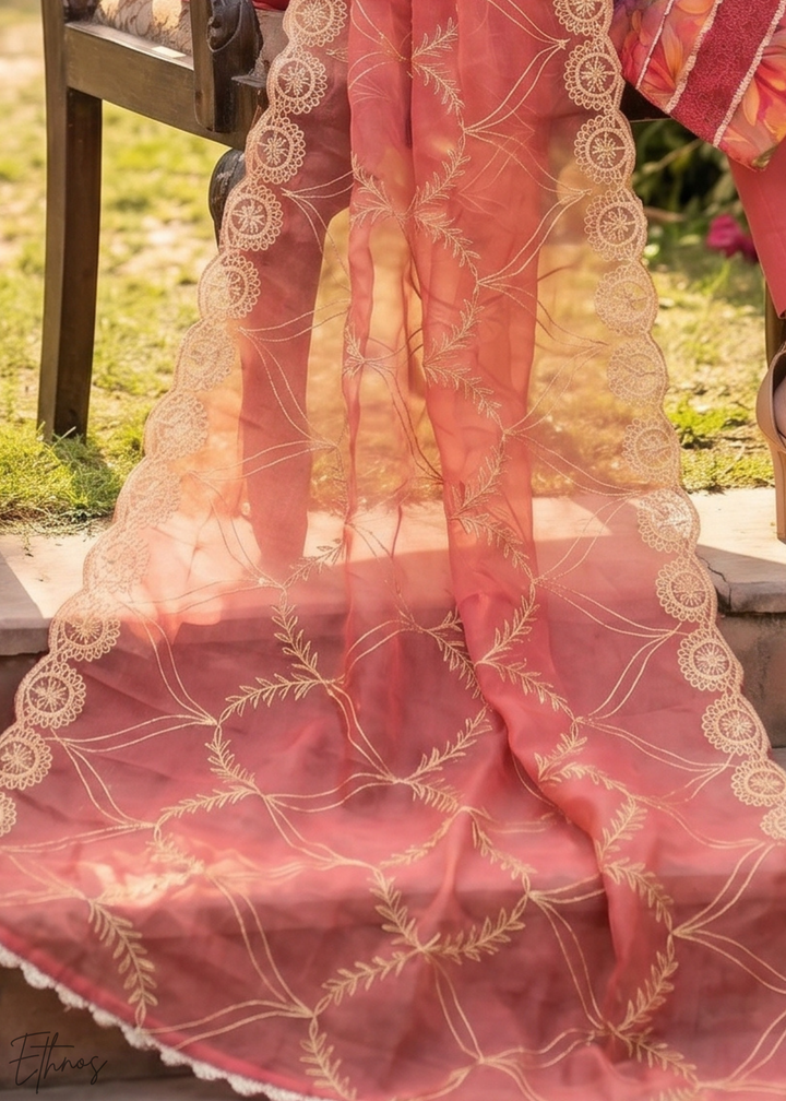 Crimson Pink Vintage-Flora Organza Palazzo Suit