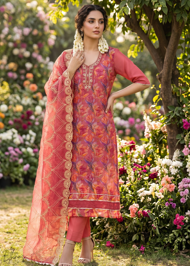 Crimson Pink Vintage-Flora Organza Palazzo Suit