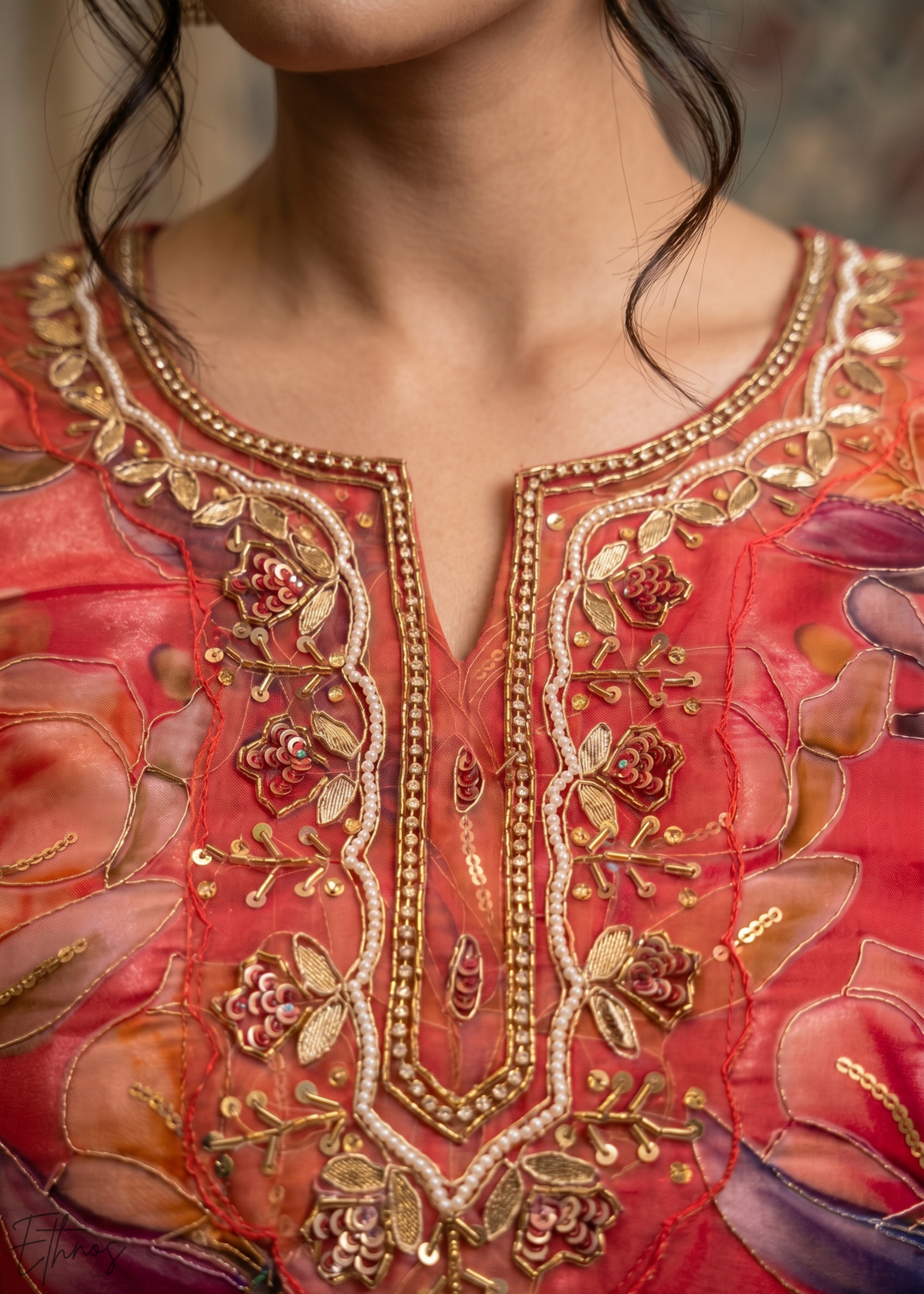 Crimson Pink Vintage-Flora Organza Palazzo Suit