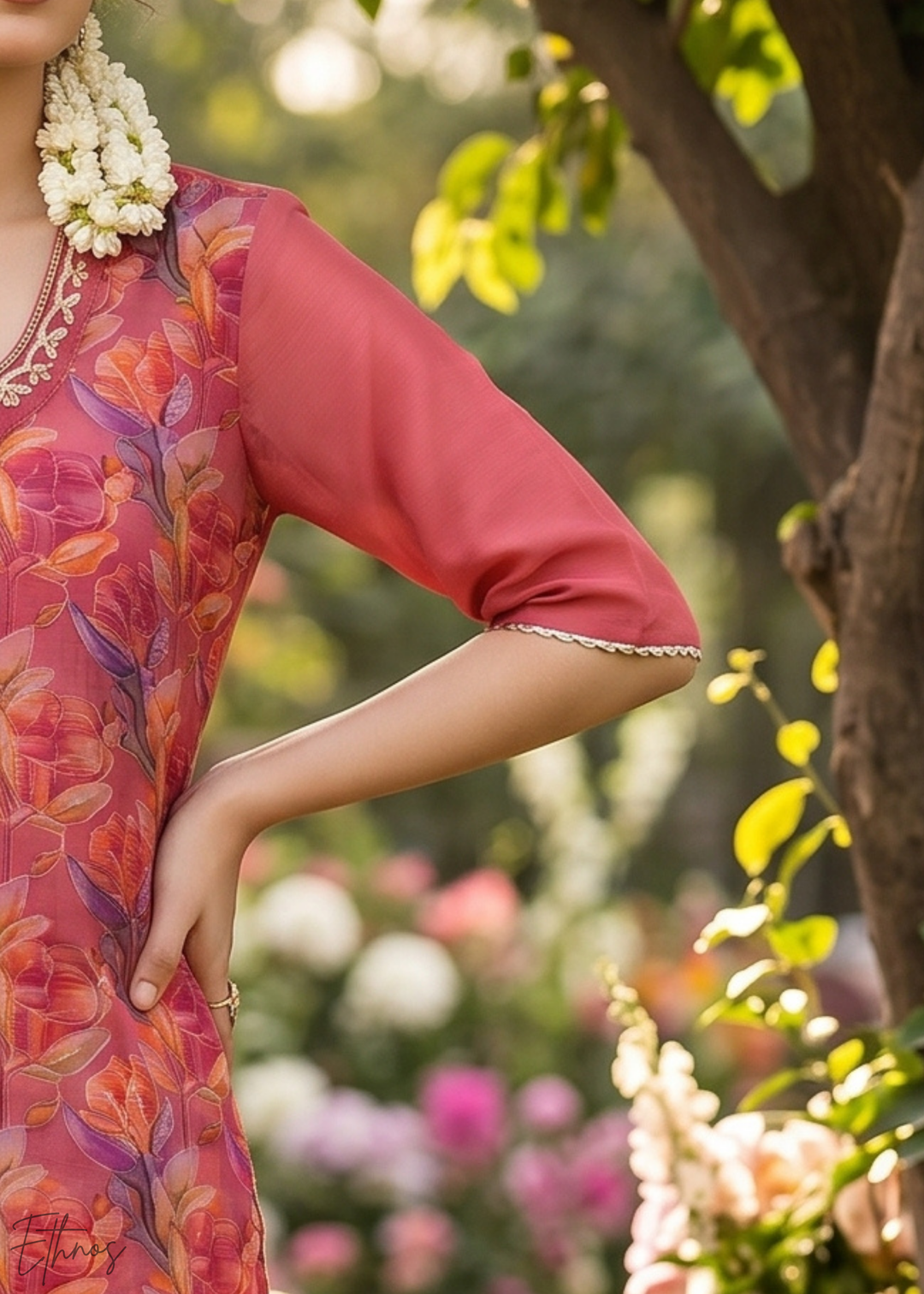 Crimson Pink Vintage-Flora Organza Palazzo Suit