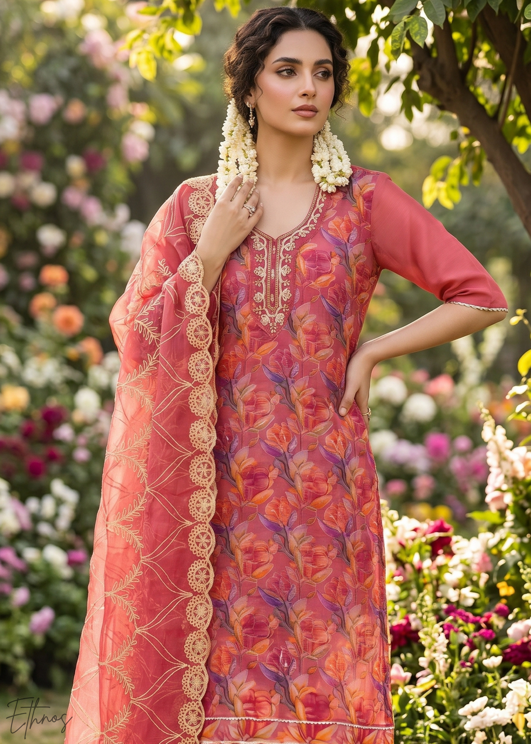 Crimson Pink Vintage-Flora Organza Palazzo Suit