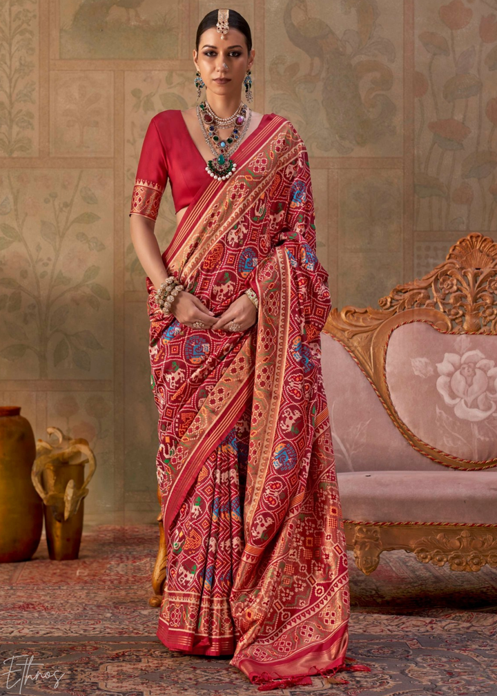 Crimson Red Ashwa Patola Silk Saree