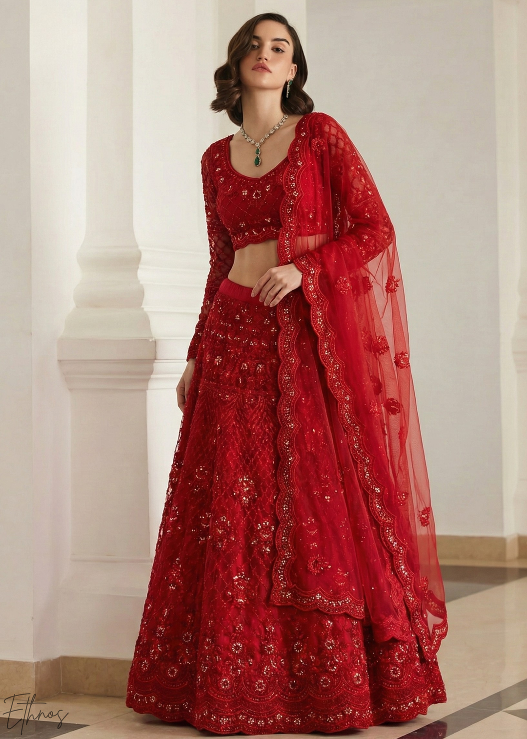 Crimson Red All-Over Sequin Embroidered Net Lehenga
