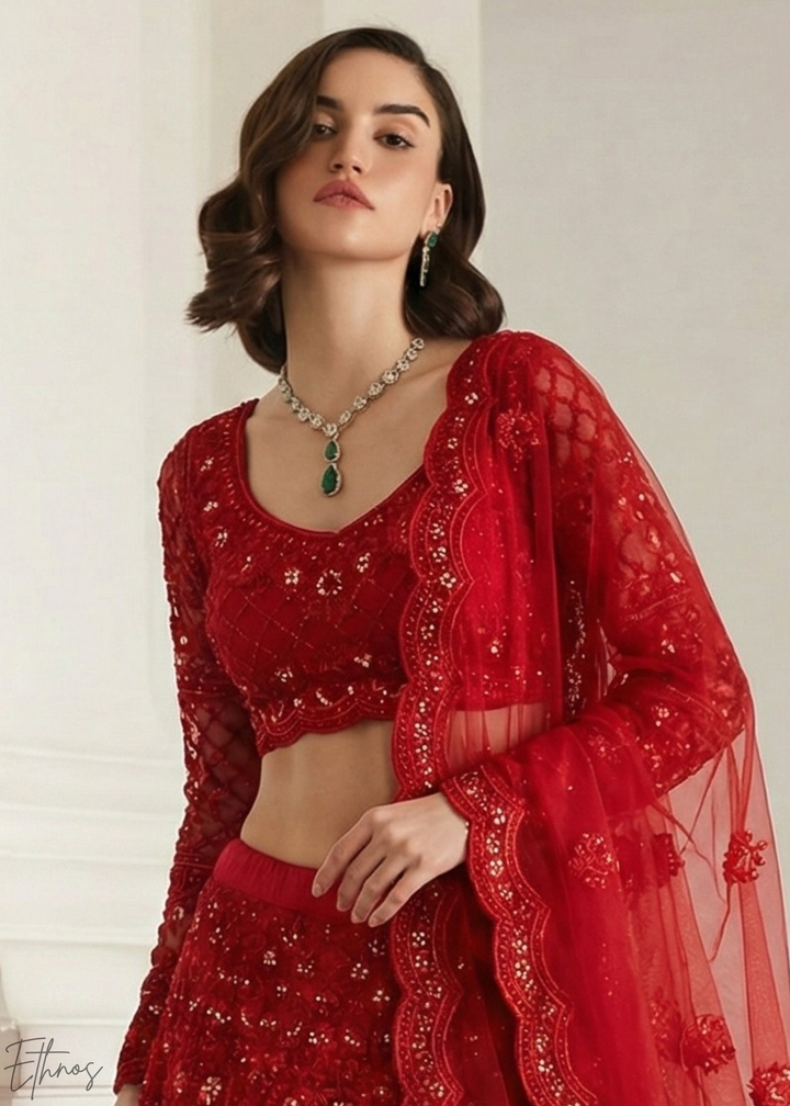 Crimson Red All-Over Sequin Embroidered Net Lehenga