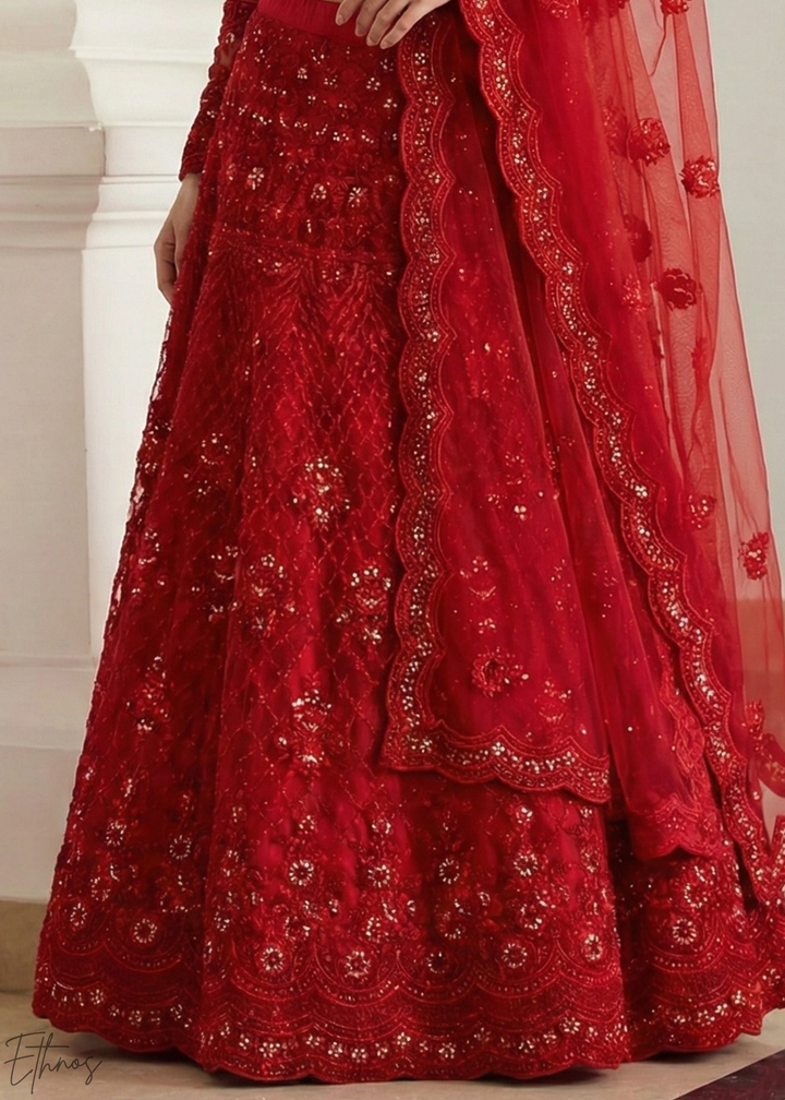 Crimson Red All-Over Sequin Embroidered Net Lehenga