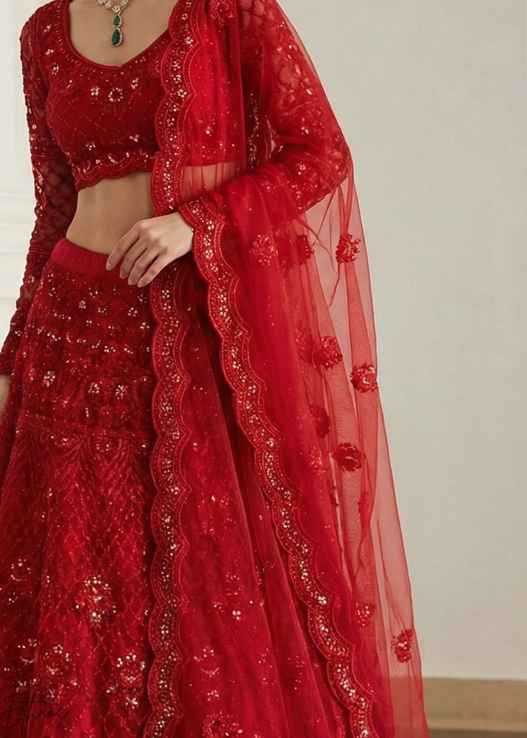 Crimson Red All-Over Sequin Embroidered Net Lehenga